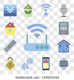 Set Of 13 simple editable icons such as Modem, Cool, Smart home, Temperature, Locked, Remote, Intercom, Home, web ui icon pack