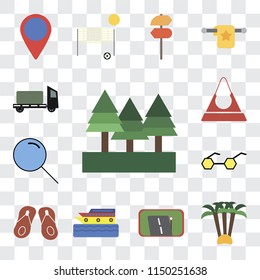 Set Of 13 simple editable icons such as Forest, Palm tree, Gps, Cruise, Flip flops, Sunglasses, Search, Purse, Trailer, web ui icon pack