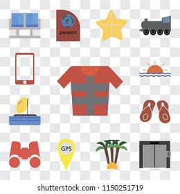 Set Of 13 simple editable icons such as Lifejacket, Elevator, Palm tree, Gps, Binoculars, Flip flops, Parasailing, Sunset, Phone, web ui icon pack