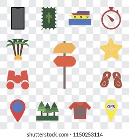 Set Of 13 simple editable icons such as Pointer, Gps, Lifejacket, Forest, Location, Flip flops, Binoculars, Starfish, Palm tree, web ui icon pack