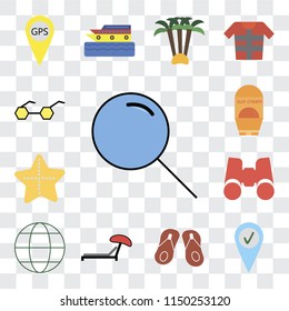 Set Of 13 simple editable icons such as Search, Check in, Flip flops, Sunbed, Globe, Binoculars, Starfish, Sun protection, Sunglasses, web ui icon pack