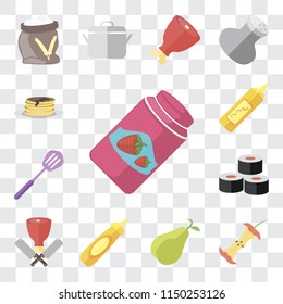 Set Of 13 simple editable icons such as Jam, Apple, Pear, Mustard, Butcher, Sushi, Spatula, Pancakes, web ui icon pack