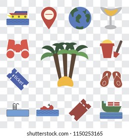 Set Of 13 simple editable icons such as Palm tree, Ship, Tickets, Water craft, Swimming pool, Flip flops, Sand bucket, Binoculars, web ui icon pack