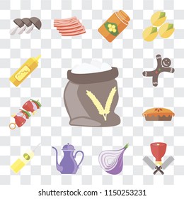 Set Of 13 simple editable icons such as Flour, Butcher, Onion, Teapot, Oil, Pie, Kebab, Gingerbread, Mustard, web ui icon pack