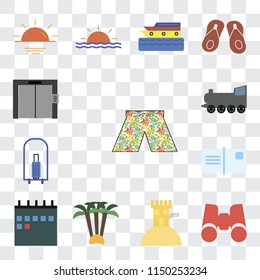 Set Of 13 simple editable icons such as Swimsuit, Binoculars, Sand castle, Palm tree, Calendar, Postcards, Bellhop, Railway, Elevator, web ui icon pack