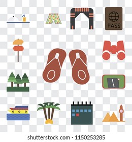 Set Of 13 simple editable icons such as Flip flops, Landmark, Calendar, Palm tree, Cruise, Gps, Forest, Binoculars, Pointer, web ui icon pack