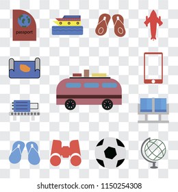 Set Of 13 simple editable icons such as Minivan, Globe, Ball, Binoculars, Flip flops, Waiting room, Check out, Phone, Map, web ui icon pack