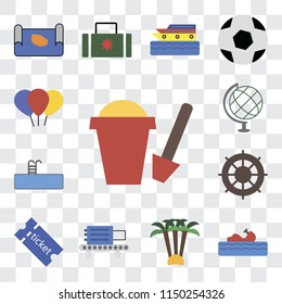 Set Of 13 simple editable icons such as Sand bucket, Water craft, Palm tree, Check out, Tickets, Helm, Swimming pool, Globe, Balloon, web ui icon pack