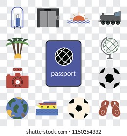 Set Of 13 simple editable icons such as Passport, Flip flops, Ball, Cruise, Globe, Photography, Palm tree, web ui icon pack