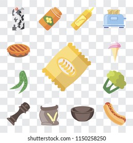Set Of 13 simple editable icons such as Chips, Hot dog, Bowl, Flour, Pepper, Cauliflower, Peas, Ice cream, Pie, web ui icon pack