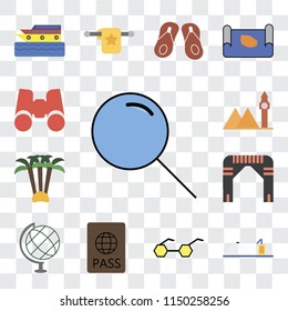 Set Of 13 simple editable icons such as Search, Room service, Sunglasses, Passport, Globe, Arch, Palm tree, Landmark, Binoculars, web ui icon pack