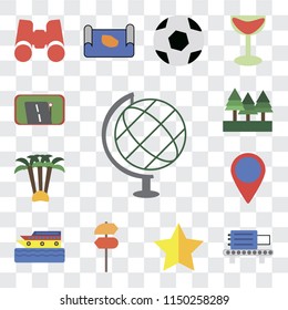 Set Of 13 simple editable icons such as Globe, Check out, Star, Pointer, Cruise, Location, Palm tree, Forest, Gps, web ui icon pack