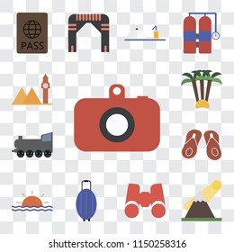 Set Of 13 simple editable icons such as Camera, Mountains, Binoculars, Luggage, Sunset, Flip flops, Railway, Palm tree, Landmark, web ui icon pack