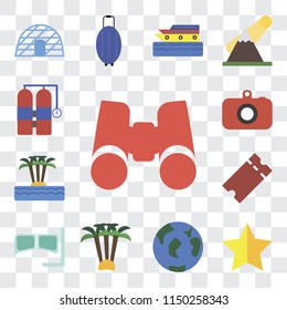 Set Of 13 simple editable icons such as Binoculars, Star, Travel, Palm tree, Snorkel, Tickets, Island, Camera, Aqualung, web ui icon pack