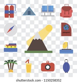 Set Of 13 simple editable icons such as Mountains, Luggage, Camera, Cocktail, Palm tree, Parasailing, Cruise, Passport, Compass, web ui icon pack