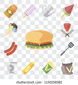 Set Of 13 simple editable icons such as Hamburguer, Flour, Pasta, Mustard, Scale, Spatula, Sausage, Butcher, Ice cream, web ui icon pack