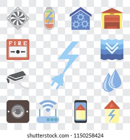 Set Of 13 simple editable icons such as Power, Home, Smart home, Modem, Dimmer, Water, Security camera, Deep, Fire alarm, web ui icon pack