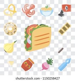 Set Of 13 simple editable icons such as Taco, Water, Radish, Jam, Glass, Fork, Onion, Biscuit, Doughnut, web ui icon pack