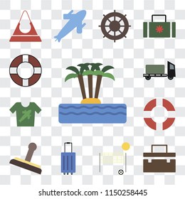 Set Of 13 simple editable icons such as Island, Suitcase, Beach volleyball, Luggage, Stamp, Lifebuoy, Shirt, Trailer, web ui icon pack