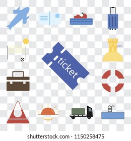 Set Of 13 simple editable icons such as Tickets, Swimming pool, Trailer, Sunset, Purse, Lifebuoy, Suitcase, Sand castle, Beach volleyball, web ui icon pack