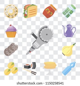 Set Of 13 simple editable icons such as Grinder, Water, Pancakes, Sushi, Pistachio, Onion, Cookies, Teapot, Cupcake, web ui icon pack