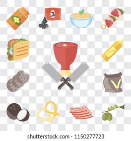 Set Of 13 simple editable icons such as Butcher, Olives, Bacon, Pretzel, Coconut, Flour, Cookies, Mustard, Taco, web ui icon pack