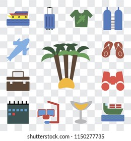 Set Of 13 simple editable icons such as Palm tree, Ship, Cocktail, Snorkel, Calendar, Binoculars, Suitcase, Flip flops, Plane, web ui icon pack