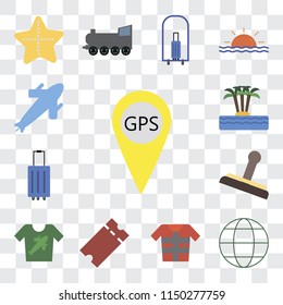 Set Of 13 simple editable icons such as Gps, Globe, Lifejacket, Tickets, Shirt, Stamp, Luggage, Island, Plane, web ui icon pack