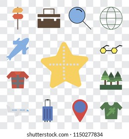 Set Of 13 simple editable icons such as Starfish, Shirt, Location, Luggage, Airplane, Forest, Lifejacket, Sunglasses, Plane, web ui icon pack