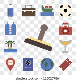 Set Of 13 simple editable icons such as Stamp, Tickets, Travel, Passport, Map, Cocktail, Island, Photography, Oxygen, web ui icon pack