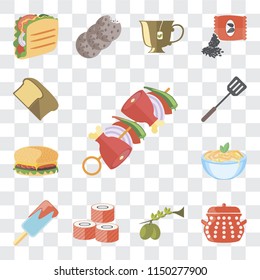 Set Of 13 simple editable icons such as Kebab, Pot, Olives, Sushi, Ice cream, Pasta, Hamburguer, Spatula, Bread, web ui icon pack