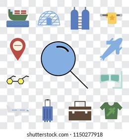 Set Of 13 simple editable icons such as Search, Shirt, Suitcase, Luggage, Airplane, Snorkel, Sunglasses, Plane, Map, web ui icon pack