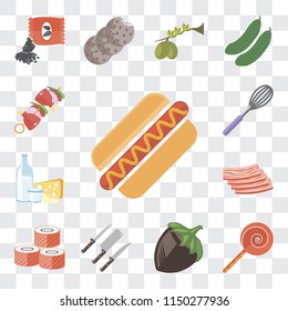 Set Of 13 simple editable icons such as Hot dog, Jawbreaker, Hazelnut, Knives, Sushi, Bacon, Dairy, Whisk, Kebab, web ui icon pack