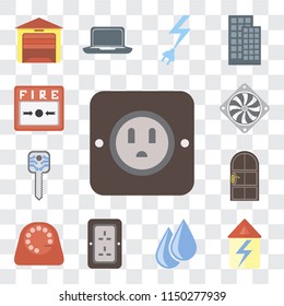 Set Of 13 simple editable icons such as Plug, Home, Water, Dial, Door, Smart key, Cooler, Fire alarm, web ui icon pack