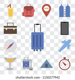 Set Of 13 simple editable icons such as Luggage, Time, Tent, Oxygen tank, Cocktail, Plane, Compass, Phone, Suitcase, web ui icon pack