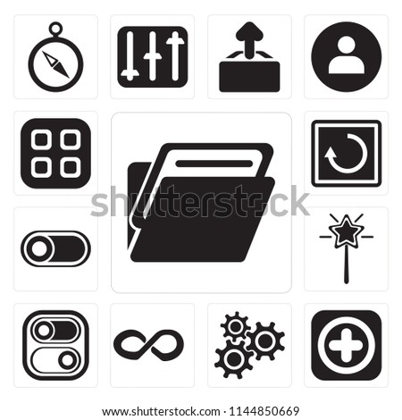 Set Of 13 simple editable icons such as Folder, Add, Settings, Infinity, Switch, Magic wand, Restart, Menu, web ui icon pack