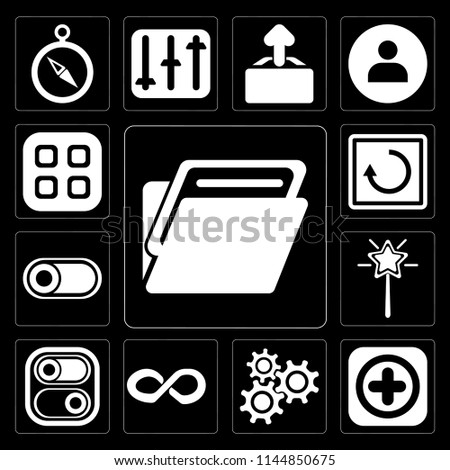 Set Of 13 simple editable icons such as Folder, Add, Settings, Infinity, Switch, Magic wand, Restart, Menu on black background