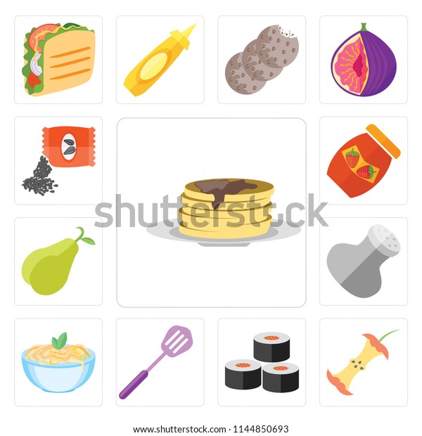 Set Of 13 simple editable icons such as Pancakes,\
Apple, Sushi, Spatula, Pasta, Salt, Pear, Jam, Seeds, web ui icon\
pack