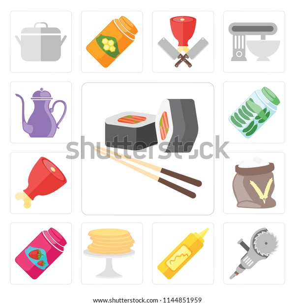 Set Of 13 simple editable icons such as Sushi,\
Grinder, Mustard, Pancakes, Jam, Flour, Ham, Pickles, Teapot, web\
ui icon pack