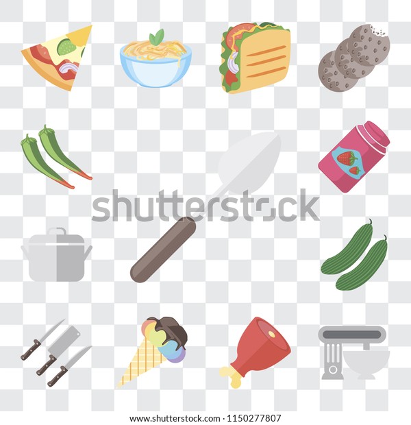 Set\
Of 13 simple editable icons such as Spoon, Mixer, Ham, Ice cream,\
Knives, Cucumber, Pot, Jam, Pepper, web ui icon\
pack