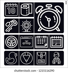 Set of 13 simple outline icons such as clocks, calendar, dossier, pencil, steering wheel, lightbulb, rubber duck, dependable, toilet paper, home page