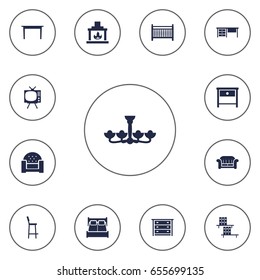 Set Of 13 Situation Icons Set.Collection Of Worktop, Chair, Couch And Other Elements.