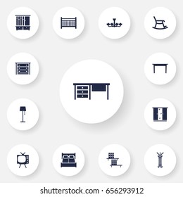 Set Of 13 Situation Icons Set.Collection Of Television, Rocking Furniture, Commode And Other Elements.