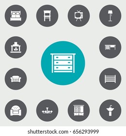 Set Of 13 Situation Icons Set.Collection Of Television, Cot, Sink And Other Elements.