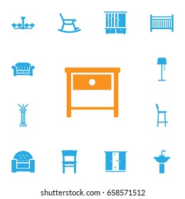 Set Of 13 Situation Icons Set.Collection Of Bedside Table, Chair, Rocking Furniture And Other Elements.