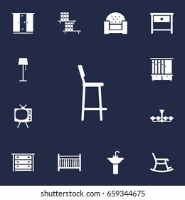 Set Of 13 Situation Icons Set.Collection Of Bedside Table, Commode, Bookcase And Other Elements.