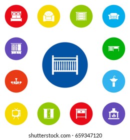 Set Of 13 Situation Icons Set.Collection Of Bedroom, Cupboard, Cot And Other Elements.