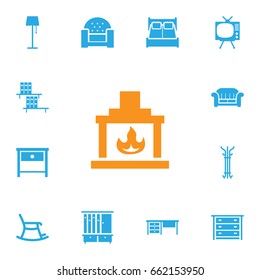 Set Of 13 Situation Icons Set.Collection Of Rocking Furniture, Illuminator, Television And Other Elements.