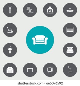 Set Of 13 Situation Icons Set.Collection Of Chimney, Bookcase, Chair And Other Elements.