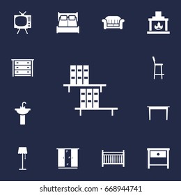 Set Of 13 Situation Icons Set.Collection Of Chimney, Sink, Cot And Other Elements.